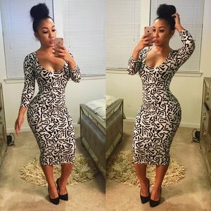 White and Black Print Midi Dress